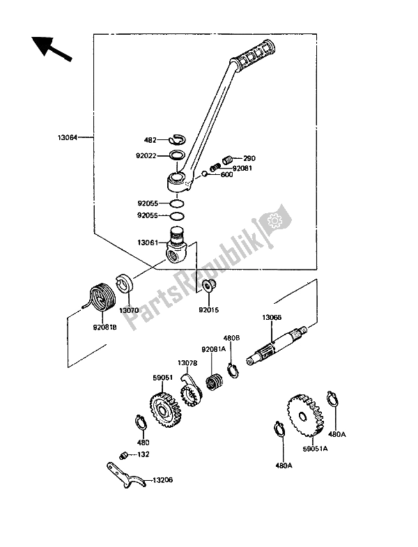 All parts for the Kickstarter Mechanism of the Kawasaki KMX 125 1989