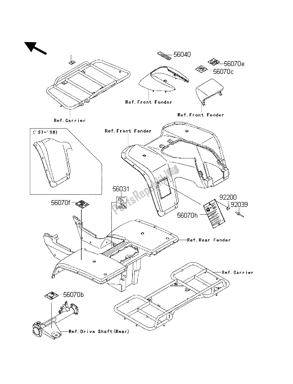 Alle onderdelen voor de Etiketten van de Kawasaki KLF 300 2001