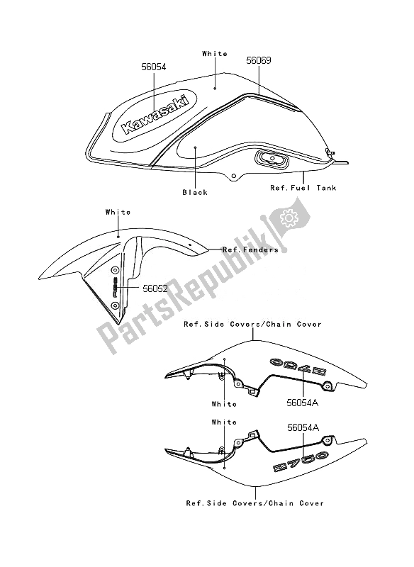 Tutte le parti per il Decalcomanie (bianco-nero) del Kawasaki Z 750 ABS 2010