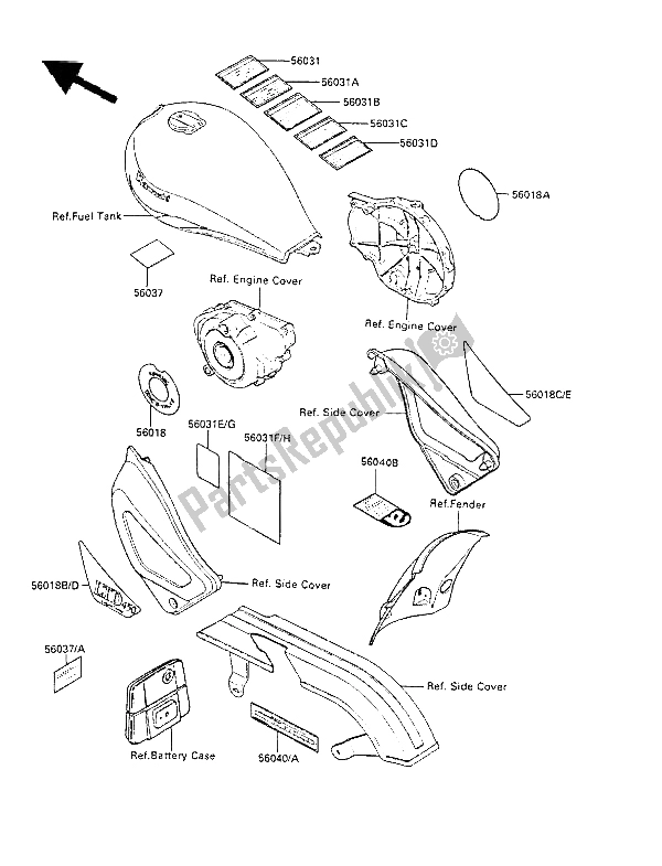 Tutte le parti per il Etichette del Kawasaki LTD 450 1986