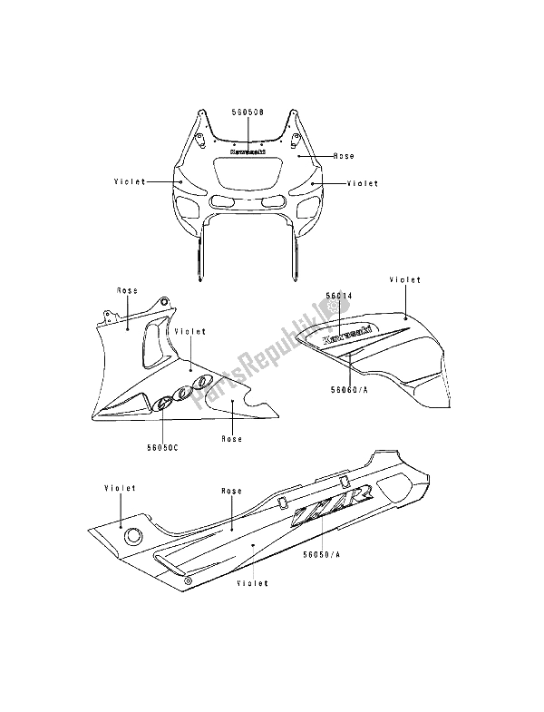 All parts for the Decals(violet-rose) of the Kawasaki ZZ R 600 1993