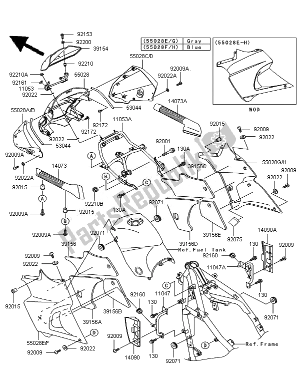 Alle onderdelen voor de Motorkap van de Kawasaki KLE 500 2007