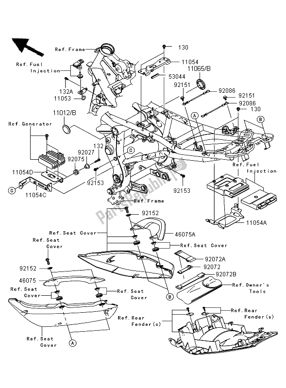 All parts for the Frame Fittings (jkaex650aaa022144 ) of the Kawasaki ER 6F 650 2008