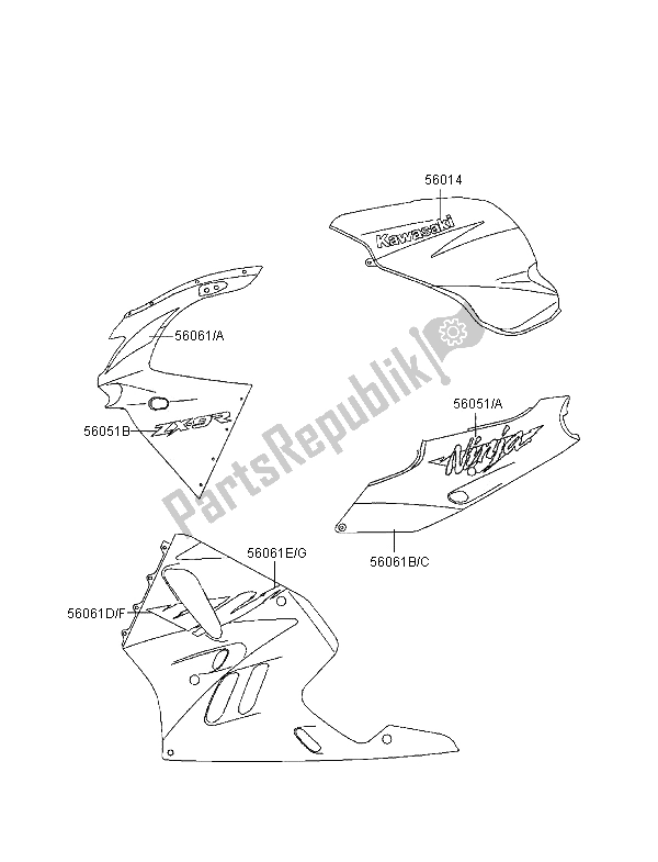 All parts for the Decals (ebony-red) of the Kawasaki Ninja ZX 9R 900 1996