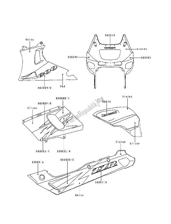 Wszystkie części do Kalkomanie (fioletowo-srebrne) Kawasaki ZZ R 600 1994
