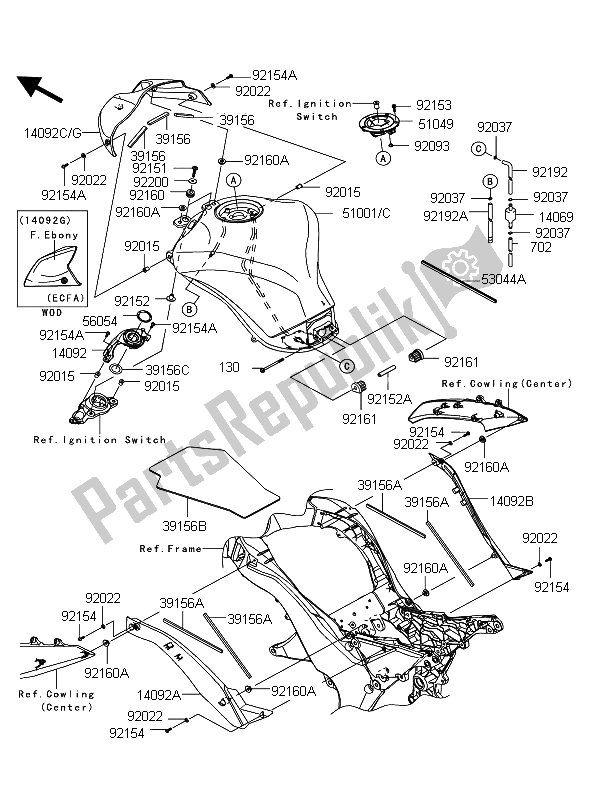 All parts for the Fuel Tank of the Kawasaki Z 1000 ABS 2011