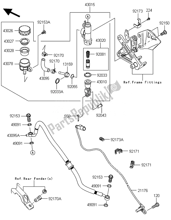 All parts for the Rear Master Cylinder of the Kawasaki Ninja ZX 10R 1000 2014