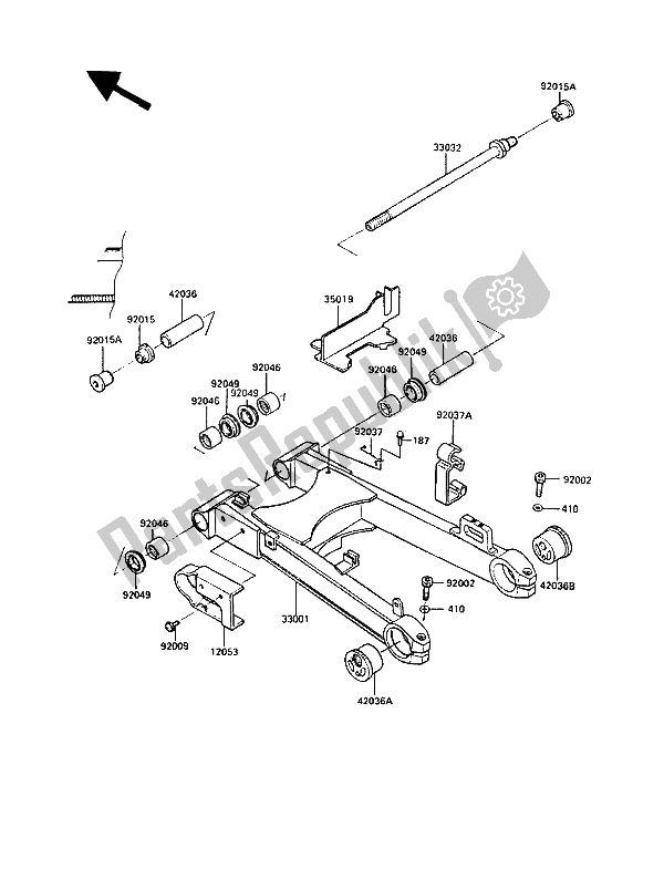 All parts for the Swingarm of the Kawasaki GPZ 900R 1990