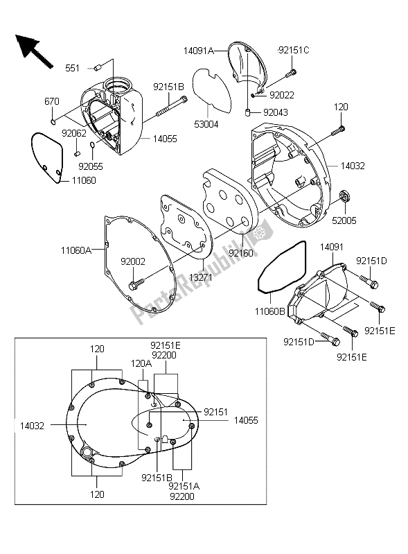 Alle onderdelen voor de Rechter Motorkap van de Kawasaki W 650 2006