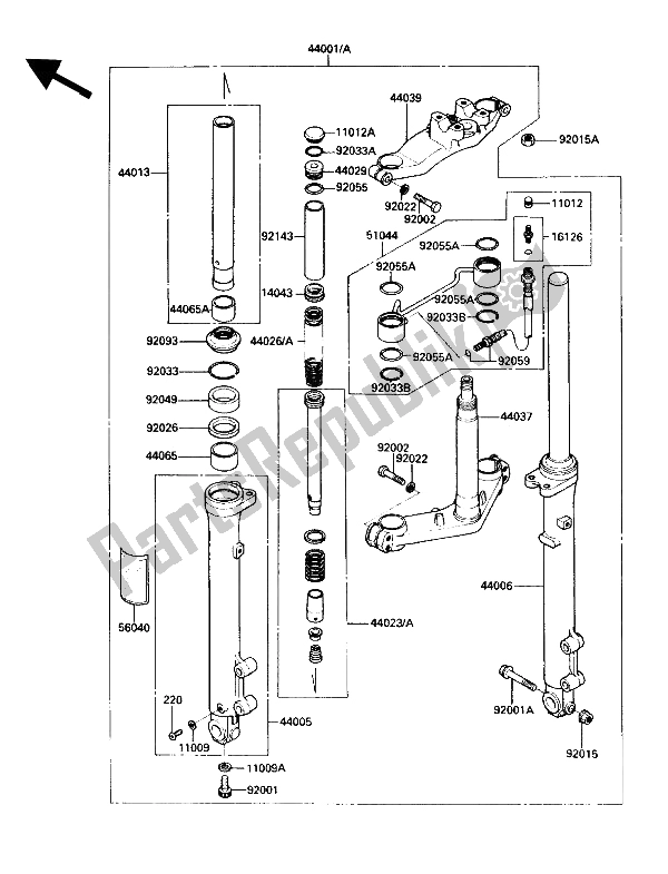 Alle onderdelen voor de Voorvork van de Kawasaki Voyager XII 1200 1991