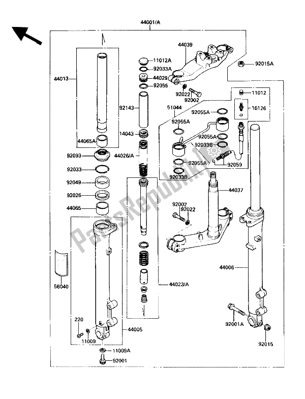 All parts for the Front Fork of the Kawasaki Voyager XII 1200 1991