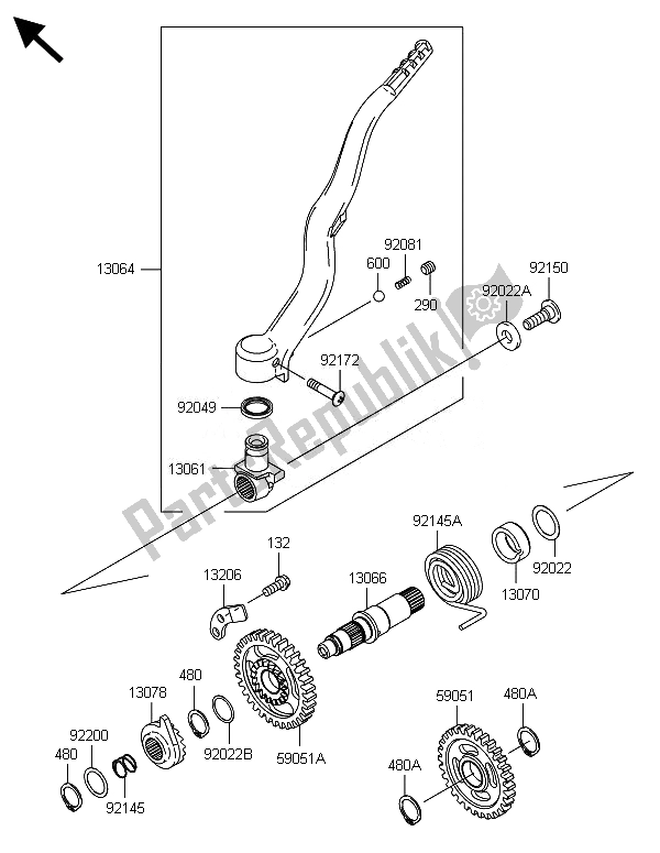 All parts for the Kickstarter Mechanism of the Kawasaki KLX 450R 2014