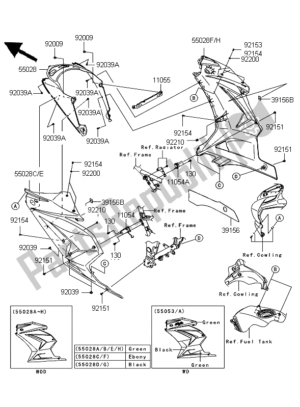 All parts for the Cowling Lowers of the Kawasaki Ninja 250R 2010