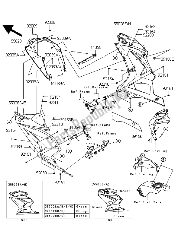 All parts for the Cowling Lowers of the Kawasaki Ninja 250R 2010