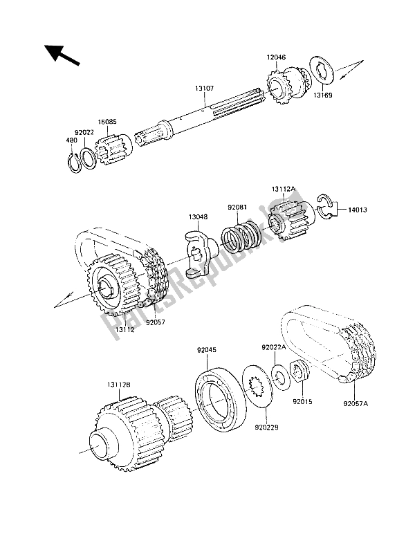 All parts for the Secondary Shaft of the Kawasaki Z 1300 1987