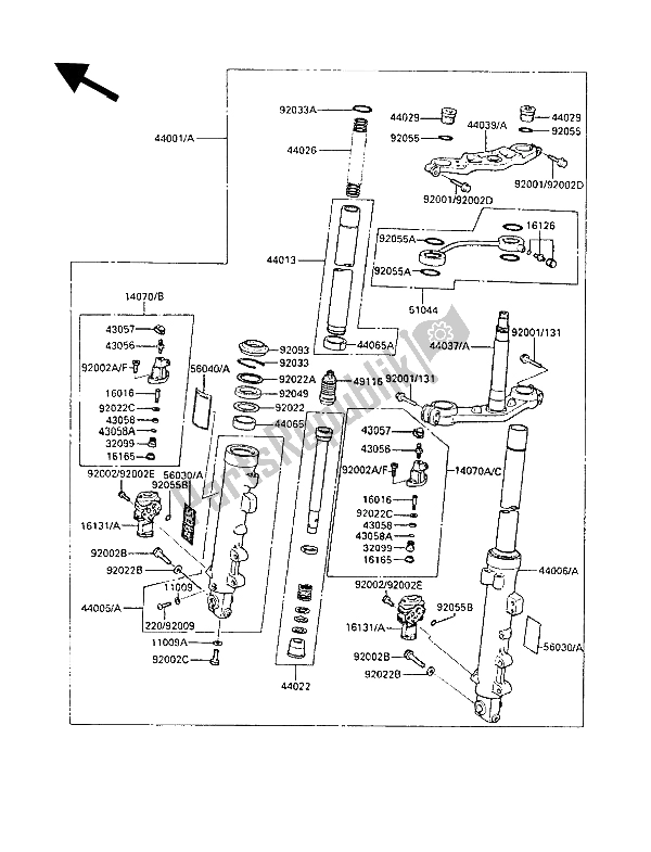 All parts for the Front Fork of the Kawasaki GPZ 600R 1988
