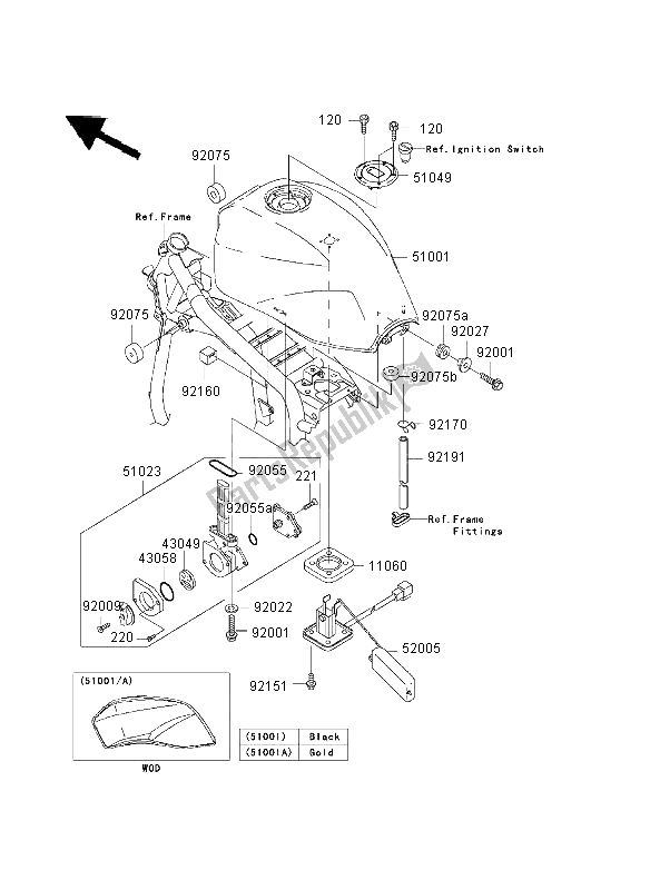 All parts for the Fuel Tank of the Kawasaki ZRX 1200 2003