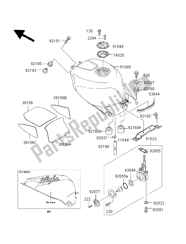 All parts for the Fuel Tank of the Kawasaki Ninja ZX 7 RR 750 1997