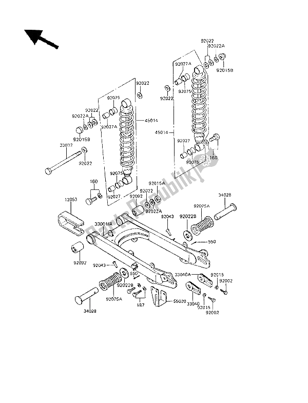 All parts for the Swingarm & Shock Absorbers of the Kawasaki KE 100 1987