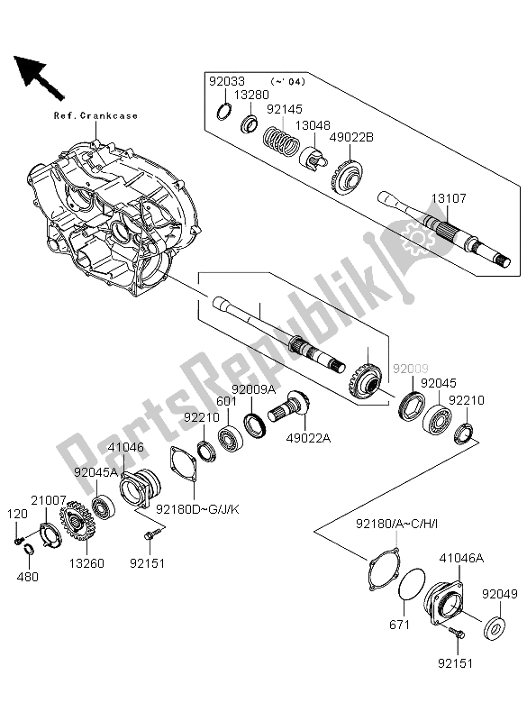 All parts for the Front Bevel Gear of the Kawasaki KVF 360 2003