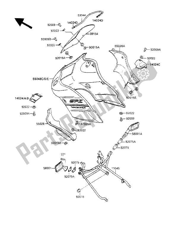 Alle onderdelen voor de Motorkap van de Kawasaki GPZ 500S 1988