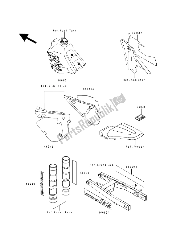Alle onderdelen voor de Etiketten van de Kawasaki KX 100 1993