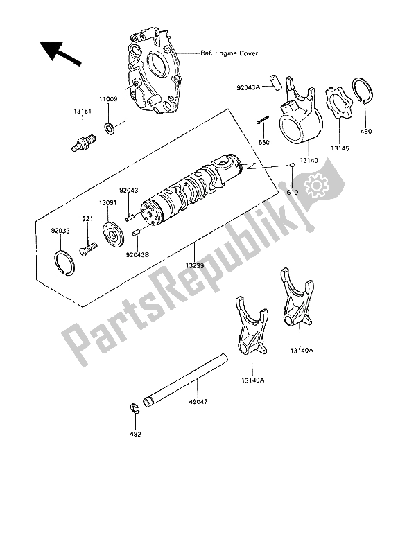 All parts for the Gear Change Drum & Shift Fork(s) of the Kawasaki GPZ 600R 1989