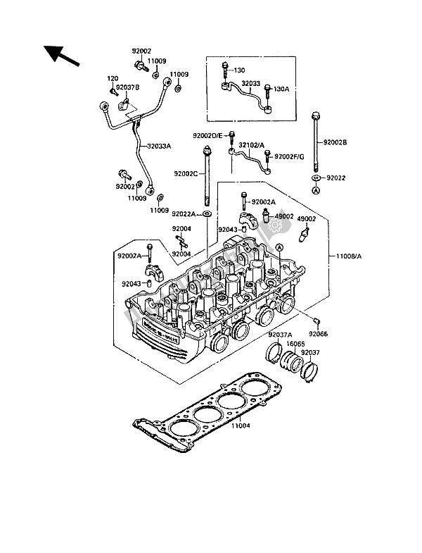 All parts for the Cylinder Head of the Kawasaki 1000 GTR 1986
