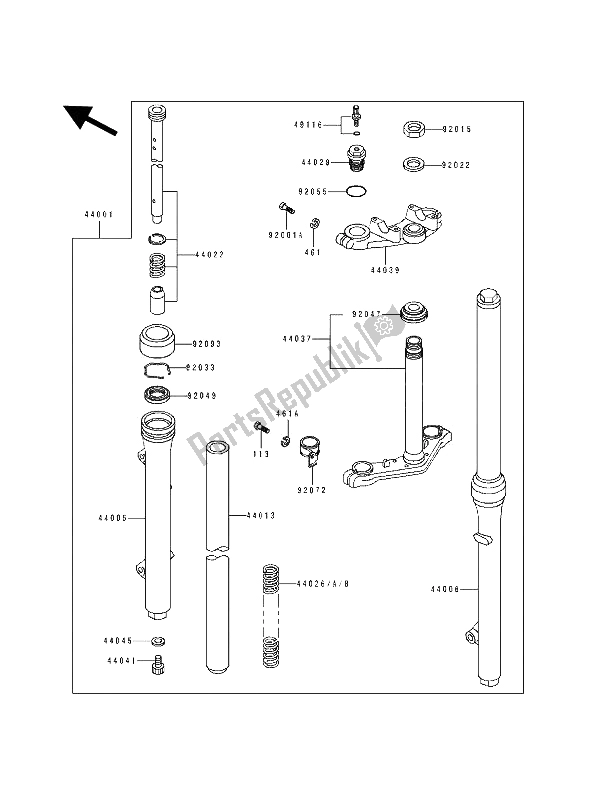 All parts for the Front Fork of the Kawasaki KX 60 1993