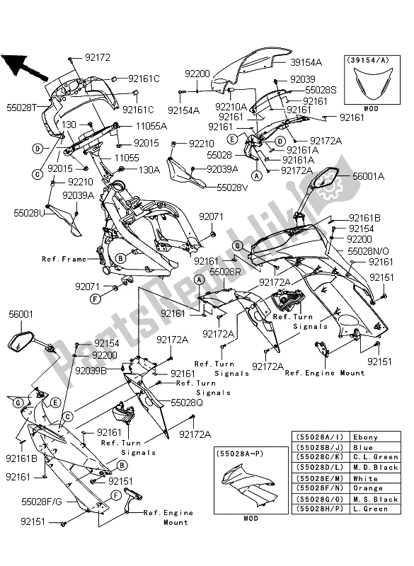 All parts for the Cowling (upper) of the Kawasaki ER 6F 650 2011