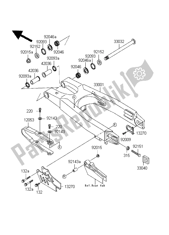 All parts for the Swingarm of the Kawasaki KX 250 1999