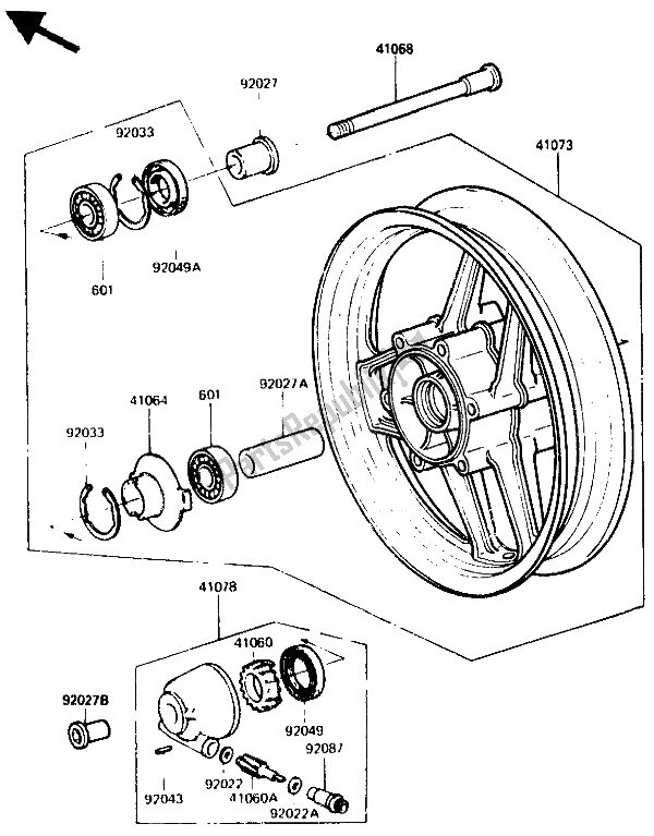 All parts for the Front Hub of the Kawasaki GPZ 750R 1985