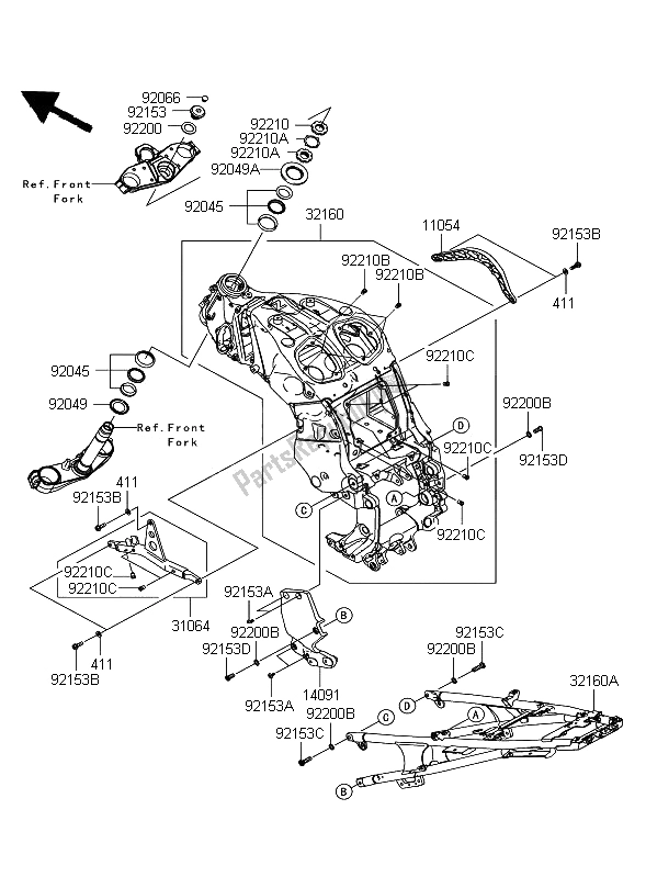 Tutte le parti per il Telaio del Kawasaki 1400 GTR 2008