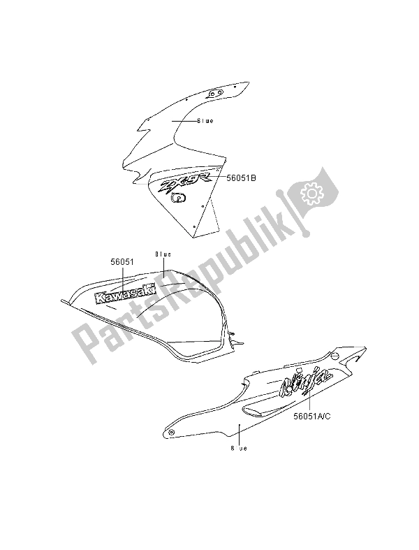 All parts for the Decals (blue) of the Kawasaki Ninja ZX 9R 900 1998