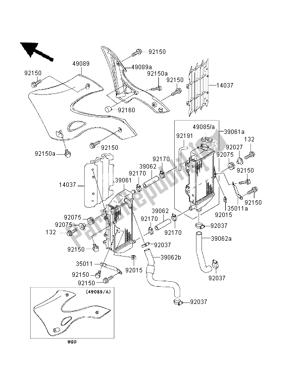 Alle onderdelen voor de Radiator van de Kawasaki KX 125 2001