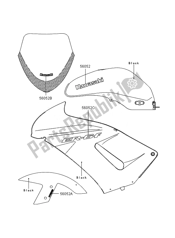 Tutte le parti per il Decalcomanie (nero) del Kawasaki ER 6F ABS 650 2007