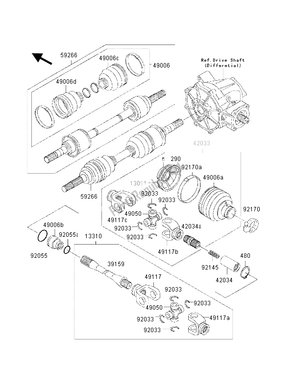 Alle onderdelen voor de Aandrijfas (voorzijde) van de Kawasaki KLF 300 4X4 2002