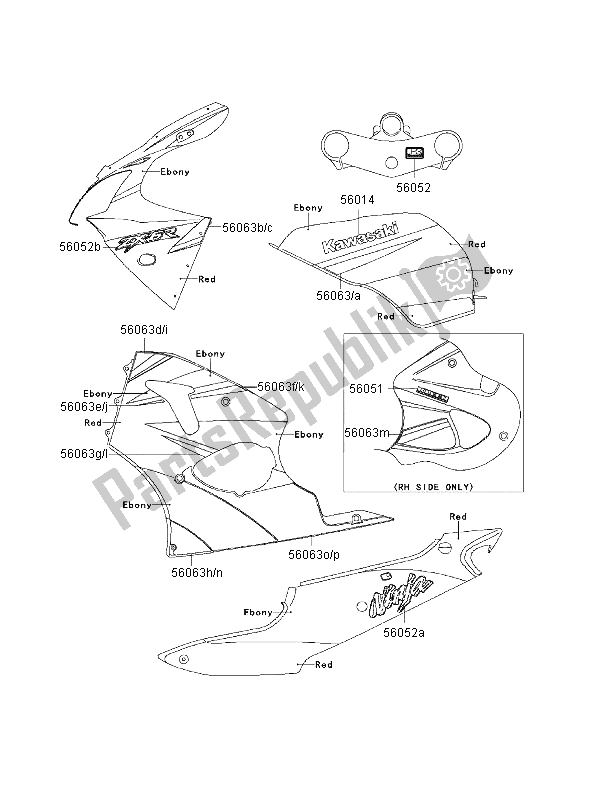 Todas as partes de Decalques (vermelho-ébano) do Kawasaki Ninja ZX 6R 600 2000