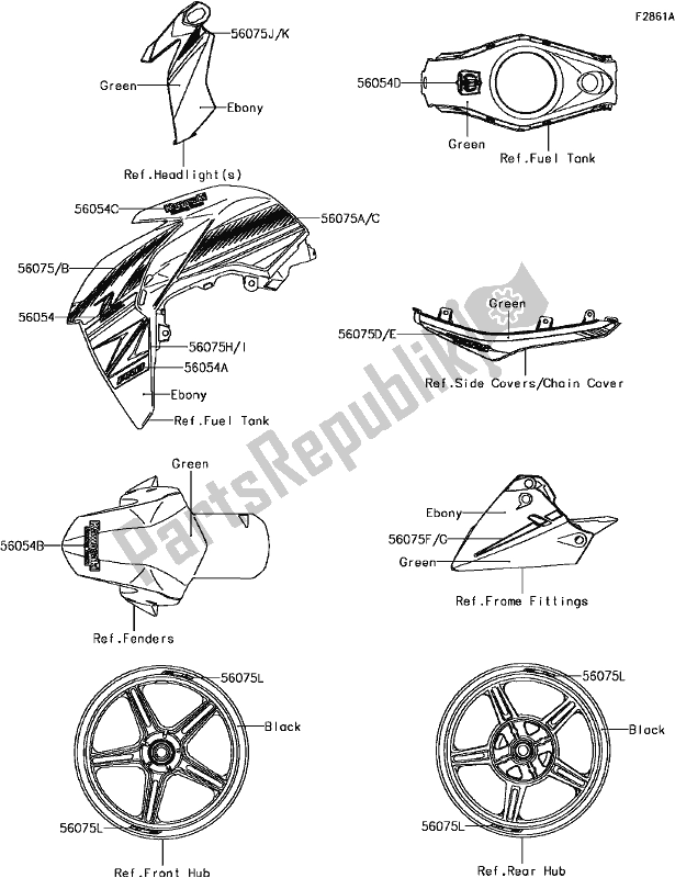 All parts for the F-8 Decals(green)(jhfa/jjfb) of the Kawasaki BR 125 Z PRO KRT Replica 2018