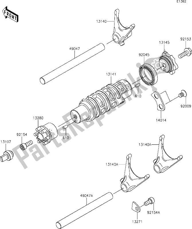 All parts for the 12 Gear Change Drum/shift Fork(s) of the Kawasaki EN 650 Vulcan S 2019
