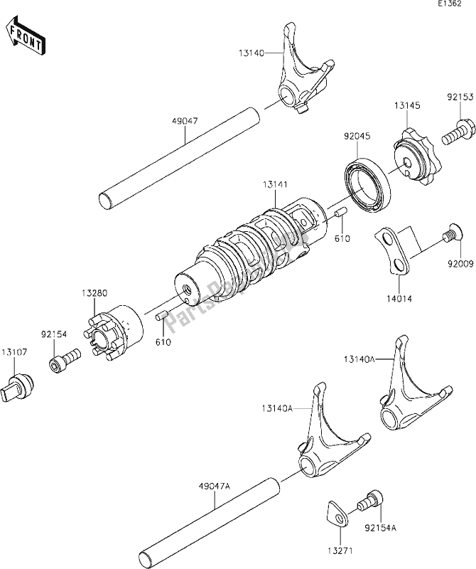 Alle onderdelen voor de 12 Gear Change Drum/shift Fork(s) van de Kawasaki EN 650 Vulcan S 2020