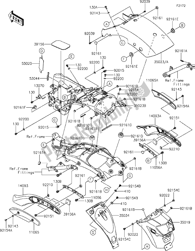 Todas as partes de 35 Rear Fender(s) do Kawasaki EN 650 Vulcan S 2021
