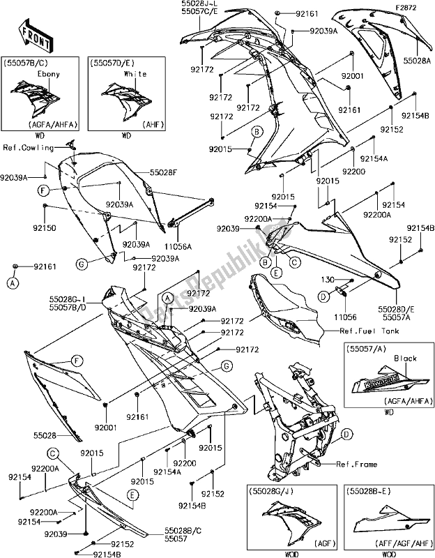 All parts for the H-7 Cowling Lowers of the Kawasaki EX 300 Ninja SE 2017