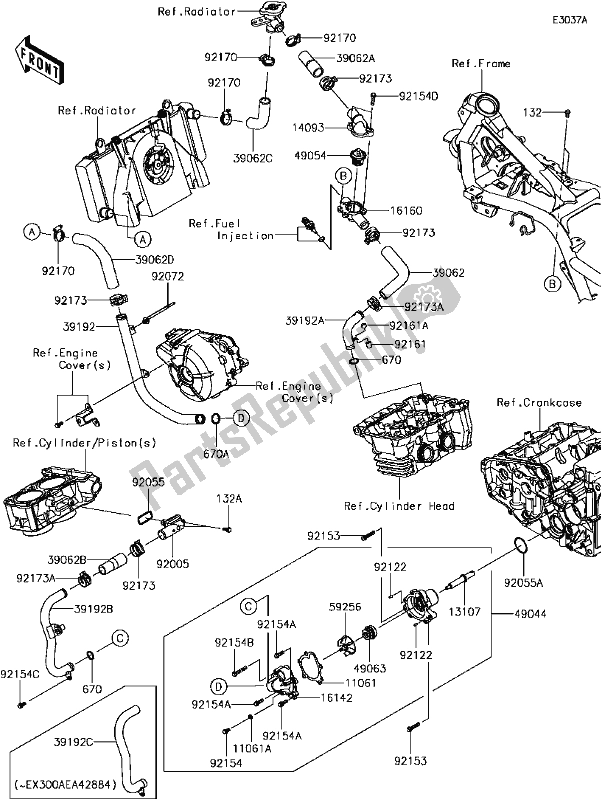 All parts for the D-3 Water Pipe(1/2)(ex300aea39568∼) of the Kawasaki EX 300 Ninja SE ABS 2017