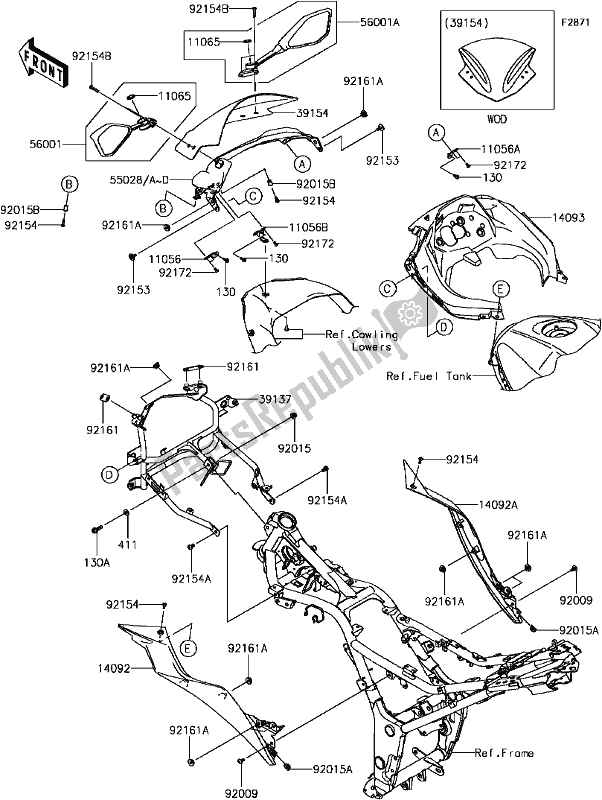 All parts for the H-10cowling of the Kawasaki EX 300 Ninja SE ABS 2017