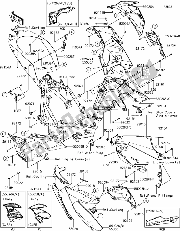 All parts for the 65-1cowling Lowers of the Kawasaki EX 400 Ninja 2018