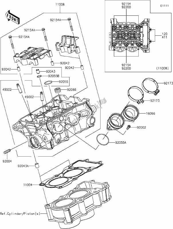 Alle onderdelen voor de 1 Cylinder Head van de Kawasaki EX 400 Ninja 2020