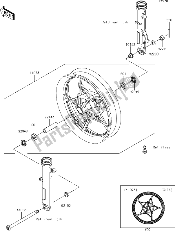 Alle onderdelen voor de 39 Front Hub van de Kawasaki EX 400 Ninja 2020