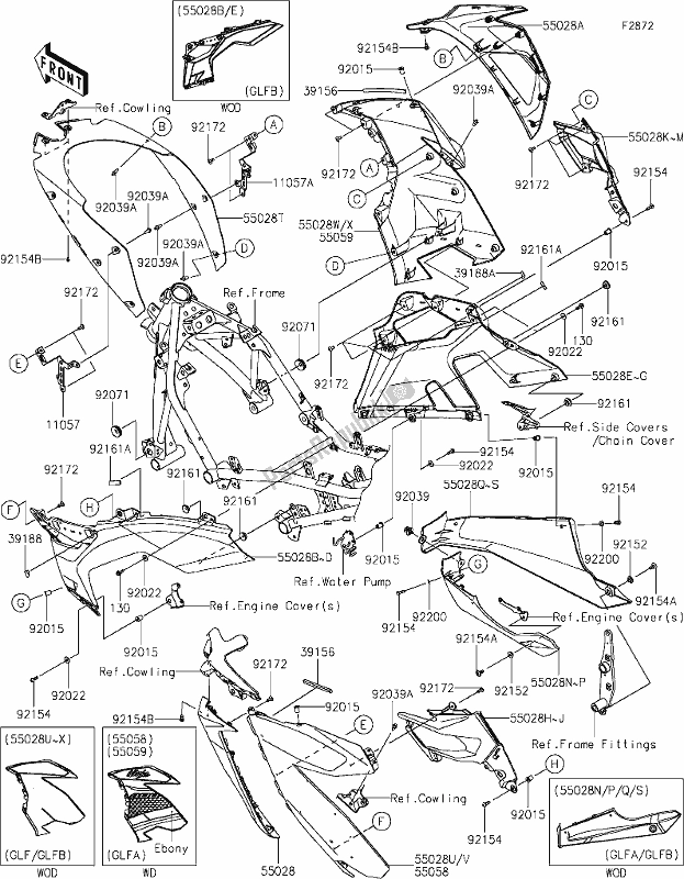 All parts for the 65-1cowling Lowers of the Kawasaki EX 400 Ninja 2020