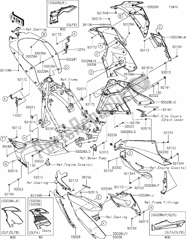 Alle onderdelen voor de 65 Cowling Lowers van de Kawasaki EX 400 Ninja 2020